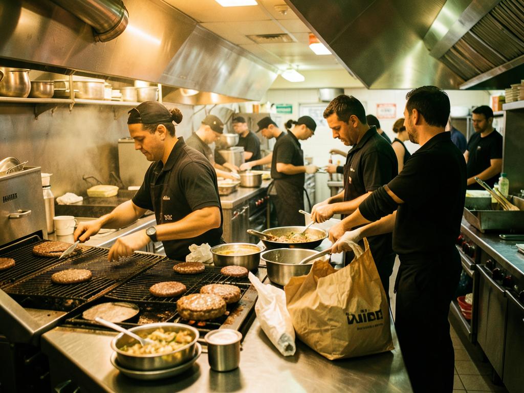 Equipe operando uma cozinha de hamburgueria